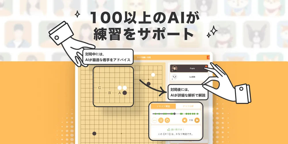 GOER AI 遊びと学びシステム
あなた専用の学びのパートナー, 対局ヒント、練習、対局後の検討、個人分析などを提供。初心者から上級者まで、個別の学習アドバイスと即時フィードバックを得られ、学びにパワーを！